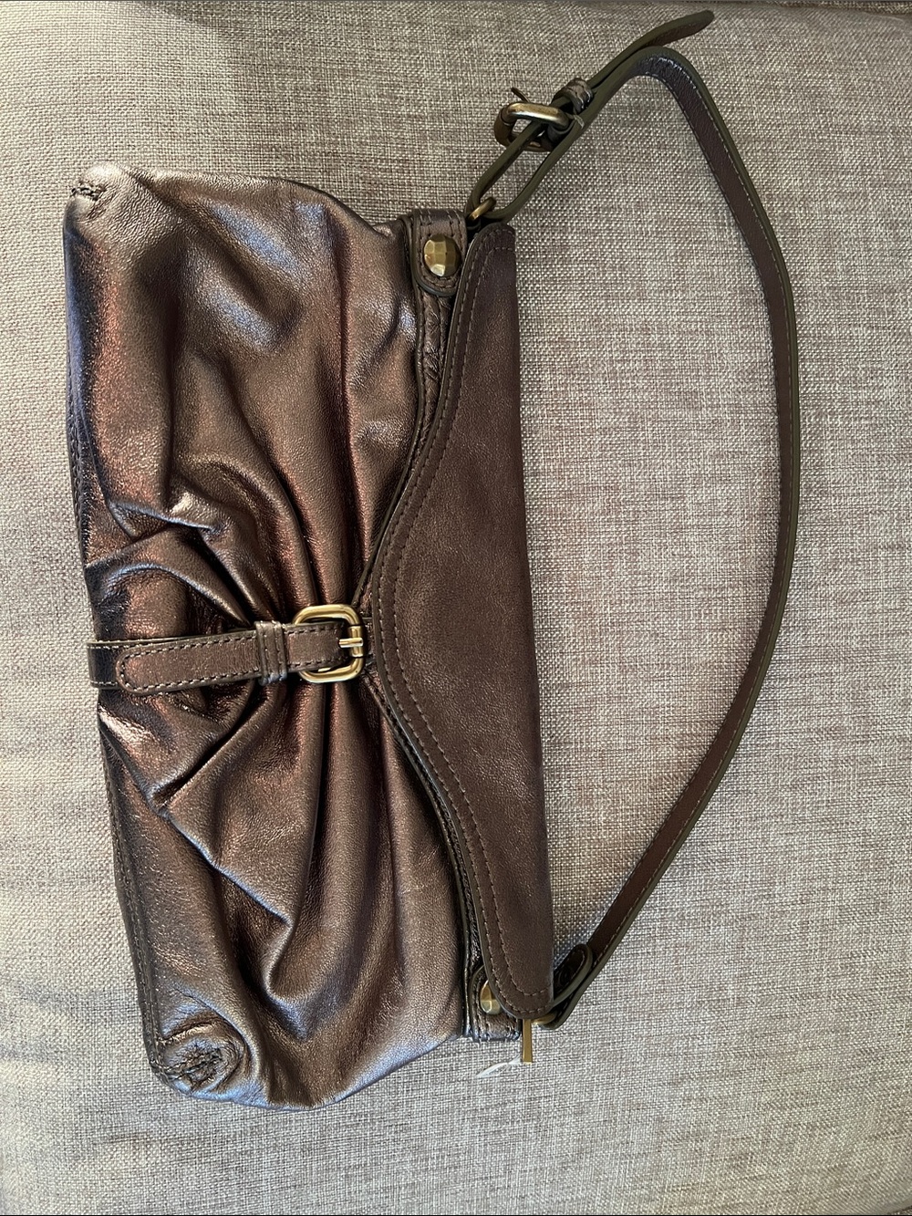 Kooba Metallic Brown Leather Clutch with Buckle Detail
